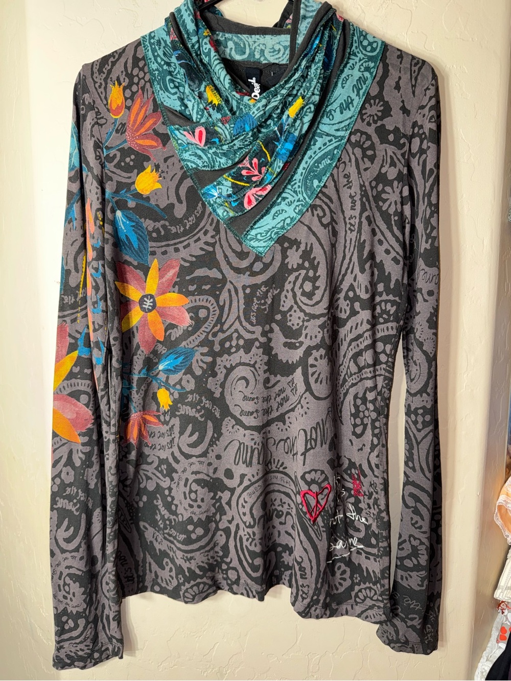 Desigual Gray Paisley Floral Cowl Neck Long Sleeve Embroidered Cotton Top Shirt